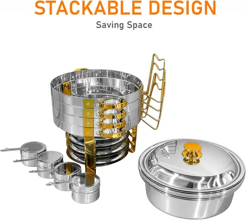 Miniatura 5 de ROVSUN Platos dorados para bufé, juego de 2 platos redondos de acero inoxidable de 6 cuartos de galón con soporte para tapa, juego de calentador