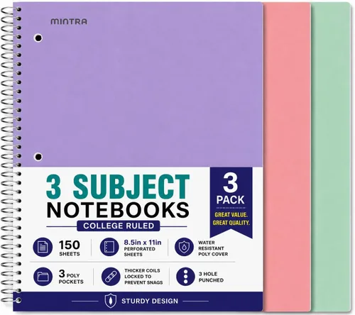 Mintra Office Cuadernos de espiral duraderos, 3 materias (lavanda, verde salvia, salmón, rayas universitarias, paquete de 3)