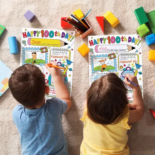 Miniatura 4 de Hedeey Póster para colorear con texto en inglés «Happy 100th Day of School» para niños, estudiantes, suministros para el aula