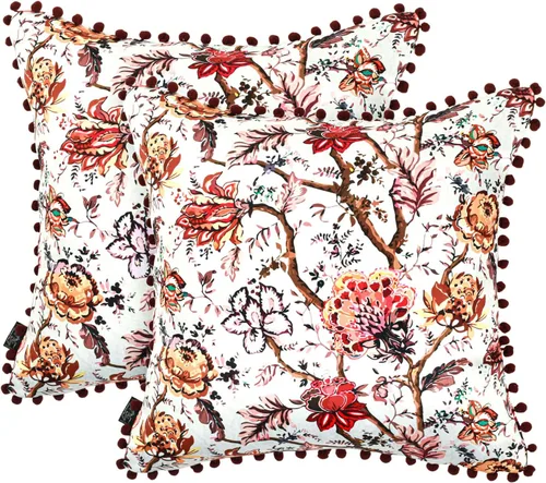 Royal Blaze Juego de 2 fundas de almohada de satén suave de 18 x 18 pulgadas con pompones florales de color burdeos