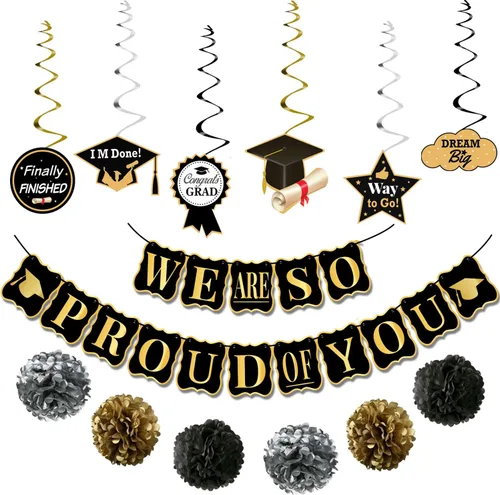 Miniatura 10 de Suministros de fiesta de graduación 2020. Cartel de graduación – Decoración de remolinos colgantes Decoración negra y dorada Feliz graduación