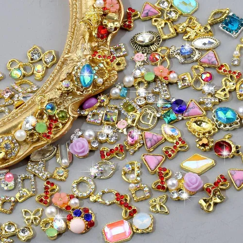 Miniatura 3 de 50 dijes de uñas dorados 3D para uñas acrílicas, estilos mixtos, diamantes de imitación para uñas, joyas de uñas de metal para arte de uñas