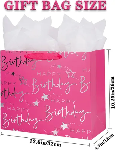 Miniatura 2 de JWSCYSY Bolsa de regalo grande plateada metálica impresa con texto en inglés "Happy Birthday", bolsa de regalo de papel para mujeres y niñas, fiesta