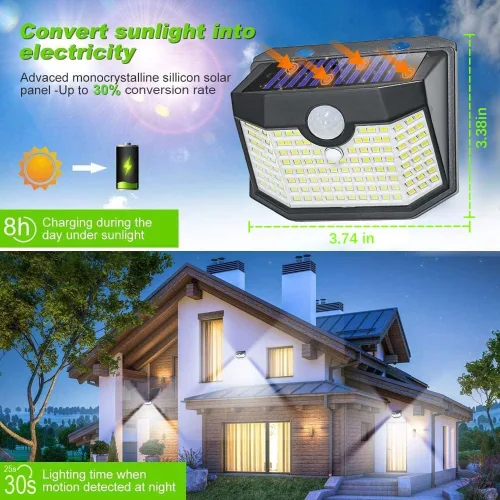 Miniatura 4 de HMCITY 120 luces LED solares para exteriores con sensor de movimiento y 3 modos de iluminación, IP65 impermeables, luces solares de pared anchas