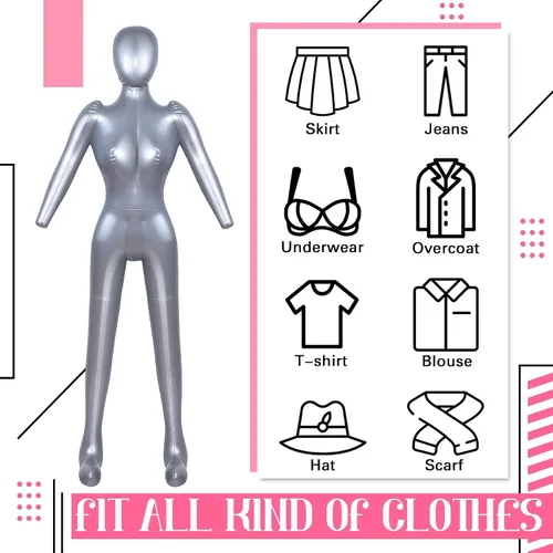 Miniatura 3 de Vestido de maniquí inflable de cuerpo completo de 2 piezas, modelo simulado de torso, cuerpo de maniquí plateado, vestido de PVC con brazos