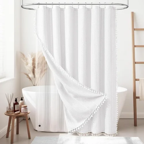 Miniatura 20 de BTTN - Cortina de ducha bohemia para cubículo de 36x72 - Juego de cortina de lino estrecha ultra gruesa con rayas y borlas, con 6 ganchos, cortinas