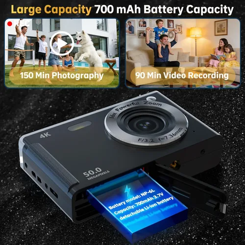 Miniatura 7 de Cámara digital 4K para enfoque automático de fotografía, zoom de 16X, cámara digital compacta portátil de 50 MP para apuntar y disparar, cámaras