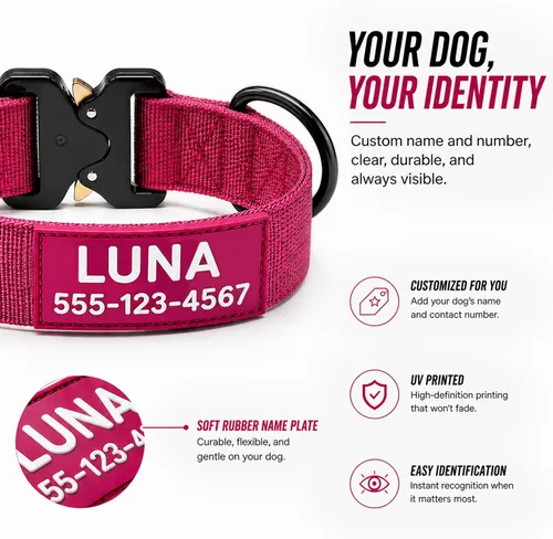 Miniatura 6 de Collar táctico personalizado para perros grandes, collar militar resistente con nombre, hecho de nailon grueso y hebilla de metal fuerte para una