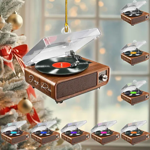 Miniatura 13 de Adorno de Navidad personalizado, máquina de discos de vinilo, adorno plano 2D, adorno para tocadiscos, instrumento musical, decoración de árbol
