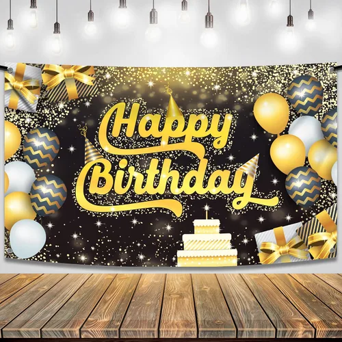 KatchOn, Cartel extragrande de feliz cumpleaños negro y dorado, 72 x 44 pulgadas, pancarta de fondo para decoraciones de feliz cumpleaños,