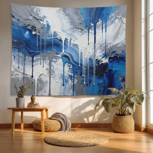 Miniatura 19 de Batmerry Tapiz azul y blanco, tapiz abstracto de pintura azul, negro, gris y blanco, para sala de estar, dormitorio, pared, decorativo, 51.2 x 59.1