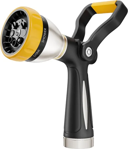 FANHAO Boquilla de manguera resistente estilo bombero, boquilla de agua de metal con 8 patrones de pulverización, rociador de manguera de jardín de