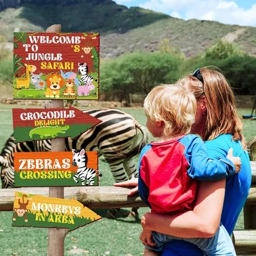 Miniatura 5 de Hooqict 20 piezas de señal de fiesta safari para bienvenida a la fiesta temática de safari en la selva, señales direccionales, decoraciones