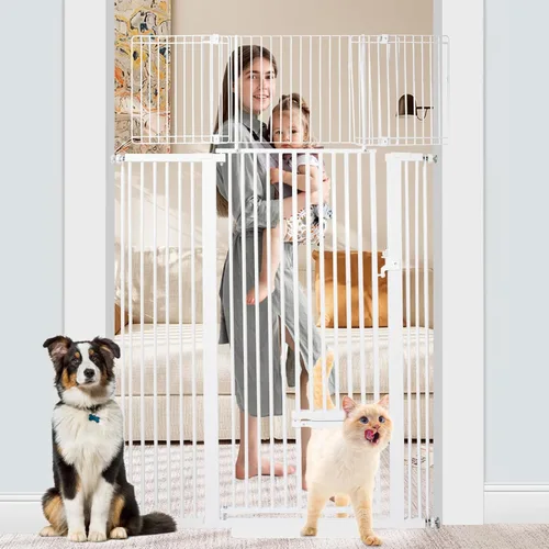 Miniatura 9 de SHYUJAJIE Puerta extra alta para mascotas de 71 pulgadas con puerta pequeña para gatos, puerta ancha ajustable de 29.55 a 40.55 pulgadas, puertas