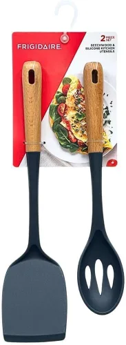Juego de utensilios de madera de haya y silicona, 2 piezas, espátula grande, cuchara de ranura grande, utensilios de cocina con mango de madera de