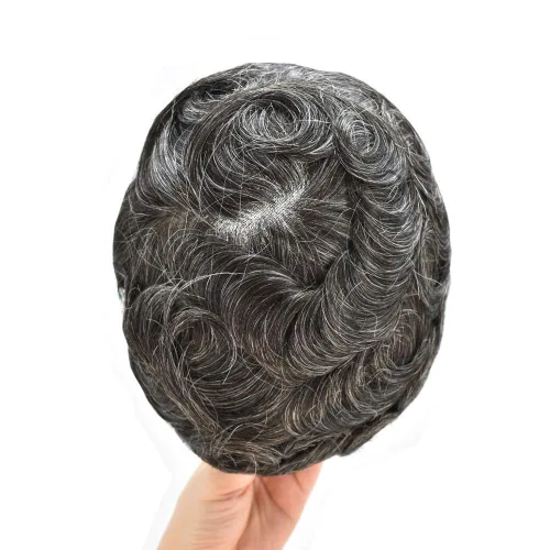 Miniatura 20 de Peluca de repuesto de cabello natural de poliuretano con encaje frontal para hombre (7x9 pulgadas, densidad de luz, 1B40# negro natural con 40% gris)