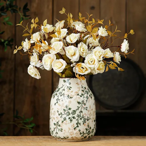 Jarrón de cerámica verde y beige vintage y rústico para decoración de hogar estilo “grandmillenial”, “chinoiserie” y toscano, florero grande para