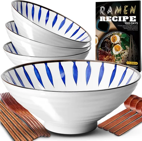 Miniatura 7 de Juego de 2 cuencos de cerámica para ramen de 8 pulgadas (9 piezas) – Tazones grandes de porcelana japonesa para ensalada, fideos, cereales, frutas