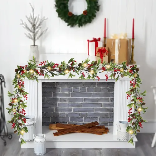 Miniatura 6 de Guirnalda de Navidad preiluminada de 6 pies con bayas rojas y oliva, guirnaldas a pilas con temporizador para barandilla de escalera, chimenea