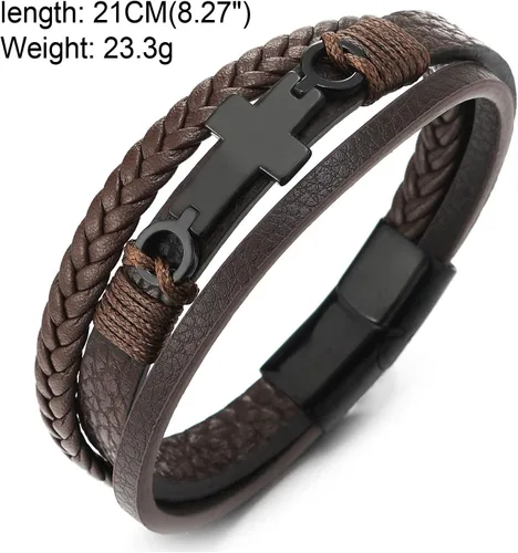 Miniatura 4 de Pulsera de cuero COOLSTEELANDBEYOND para hombre y mujer, cruz lateral plana, múltiples hebras, estilo brazalete