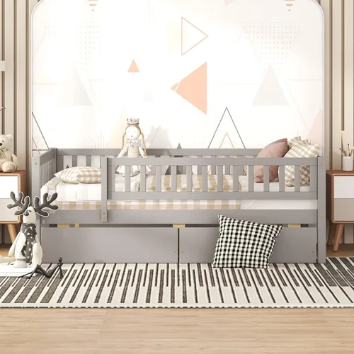 Miniatura 18 de Harper & Bright Designs Sofá cama individual con nido, marco de cama infantil de madera tamaño individual con valla, cama nido individual
