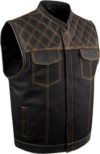 Miniatura 9 de GARGOYLE BELLS Chaleco de moto de mezclilla y cuero para hombre con bolsillos para pistola SOA Biker Club Chaleco con acolchado de diamante