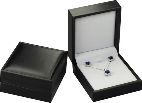 Miniatura 2 de Juego de collar y aretes de color negro, caja de regalo de lujo, suave al tacto, piel sintética, material de collar, cadena colgante, caja
