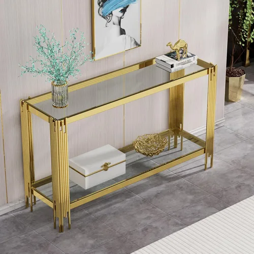 Miniatura 26 de Mesa auxiliar rectangular de vidrio de 48 pulgadas, mesa de centro de 2 niveles con parte superior de vidrio templado negro, patas de acero