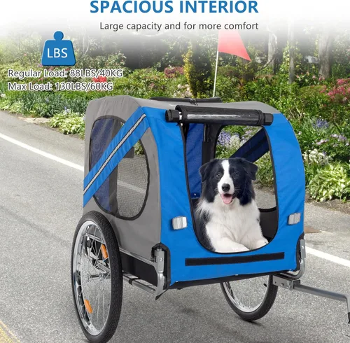 Miniatura 7 de PEXMOR Remolque de bicicleta para perros, carrito plegable para mascotas con enganche universal, transporte de carga para perro y ruedas de Azul