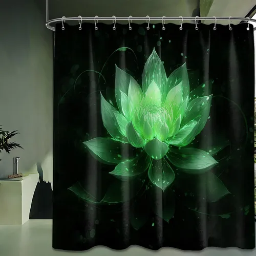 Miniatura 27 de Cortina de ducha con flores de loto negro y azul para decoración de baño, juego de cortinas decorativas de baño con estampado floral, tela