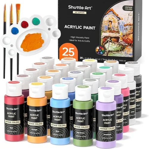 Conjunto de Pintura Acrílica Shuttle Art, 25 Colores Vintage, Botellas de 2 oz/60 ml, Pinturas Acrílicas Pigmentadas Ricas, Pinturas Acrílicas