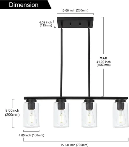 Miniatura 4 de TODOLUZ Lámparas colgantes negras con pantallas de vidrio transparente, 4 luces linares de isla de cocina para granja, comedor, cocina, mesa de Negro