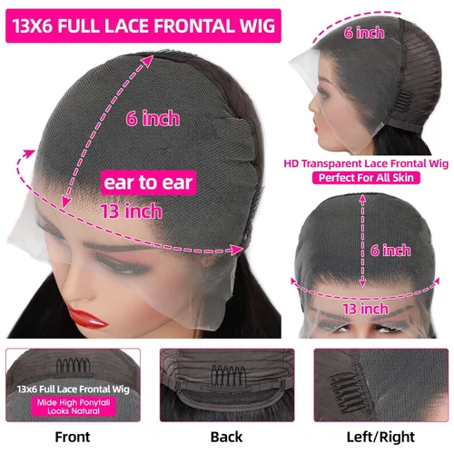 Miniatura 2 de Lemoda Peluca de encaje frontal completo de 13 x 6 pulgadas, pelucas de cabello humano lacio HD transparente de encaje sin pegamento, peluca