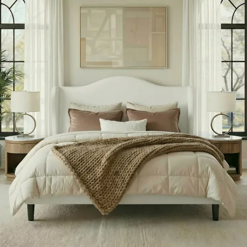 Miniatura 12 de Allewie Marco de cama de tamaño matrimonial, plataforma tapizada con respaldo de alas con cabecera capitonada de 47 pulgadas de alto, tela