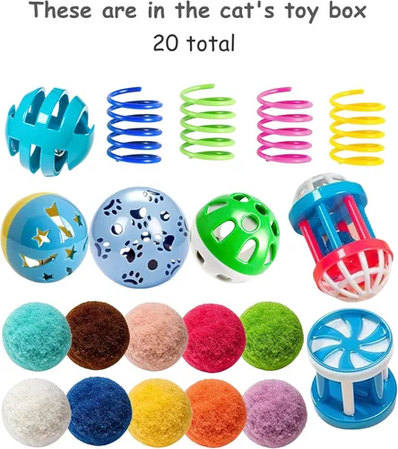 Miniatura 3 de Paquete de 20 pelotas de juguete para gatos para interiores, con bolas de campana de polipropileno, bolas de felpa y juguetes de primavera
