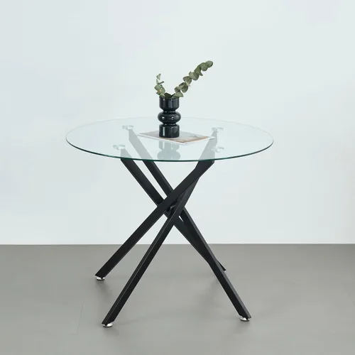 Miniatura 3 de Mesa de comedor redonda de 36 pulgadas para 4, mesa de comedor contemporánea de vidrio templado, mesa de comedor pequeña con base de metal de cruz