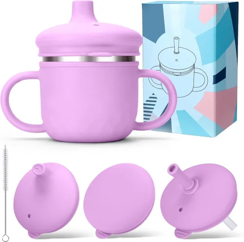 Miniatura 13 de BUSOHA Vasos para sorber de acero inoxidable, 3 en 1 de silicona para niños pequeños, vaso de paja para bebés con cepillo para niños con tapa