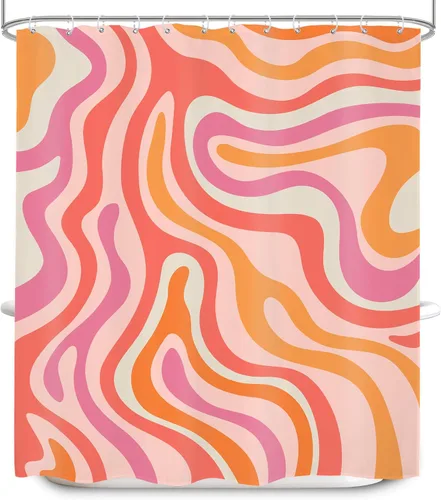 Miniatura 7 de Cortina de Ducha Abstracta Rosa de 60 Pulgadas de Ancho x 72 Pulgadas de Alto, Cortina de Ducha Retro Naranja, Estética Groovy Bonita de los Años 70