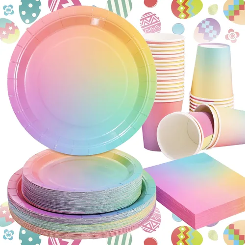 Miniatura 8 de Decoraciones de cumpleaños arcoíris para niñas, platos y servilletas arcoíris pastel, 200 unidades, platos y servilletas de cumpleaños para niñas