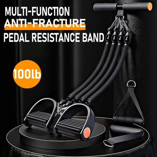 Miniatura 3 de Banda de resistencia mejorada para pedal de pie, 100 libras, ajustable, 4 tubos, banda de resistencia para tirador de tobillo con asa,