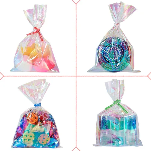 Miniatura 4 de HRX Package 100 piezas de pequeñas bolsas de celofán iridiscentes con lazos, 4x6 pulgadas bolsas de plástico holográficas para dulces, pop cakes