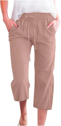 Miniatura 31 de Ceboyel Pantalones capri para mujer para verano, cintura elástica, pantalones de yoga, con cordón, pantalones de lino, pantalones de entrenamiento