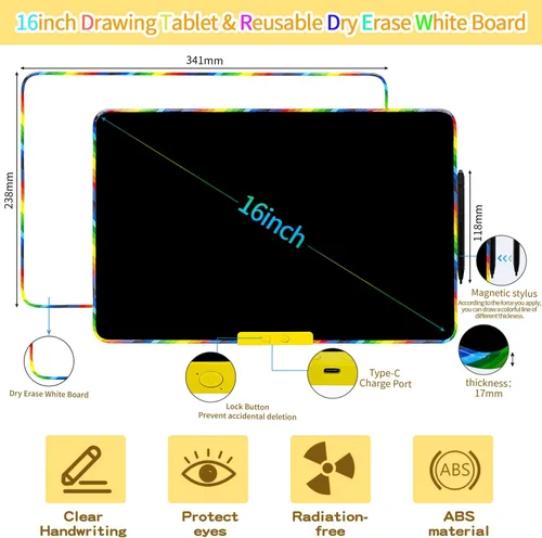 Miniatura 7 de Tableta de escritura LCD 2 en 1 de 16 pulgadas para niños con parte trasera magnética de pizarra blanca, tablero de dibujo y aprendizaje de doble