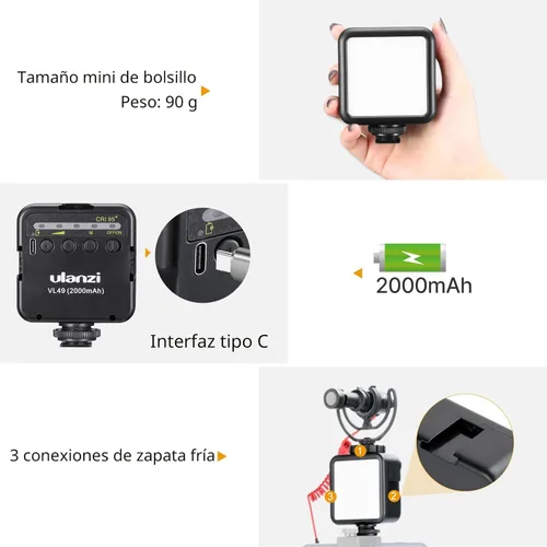 Miniatura 2 de ULANZI VL49 luz de vídeo LED de 2000mAh con 3 zapata fría, luz suave recargable, iluminación portátil para fotografía para DJI OSMO Sony DSLR Canon
