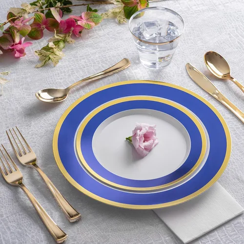 Miniatura 3 de Platos de plástico elegantes desechables de 125 piezas en blanco, azul y dorado con cubiertos, vajilla elegante para bodas, fiestas navideñas, juego