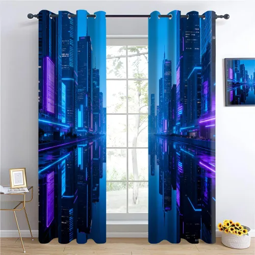 Miniatura 13 de Cyber Ring Curtains, Thermal Insulated Darkening Drapes For Sci-Fi Home Decor, Futuristic Neon Circle Digital Grid Scene Grommet Window Treatments