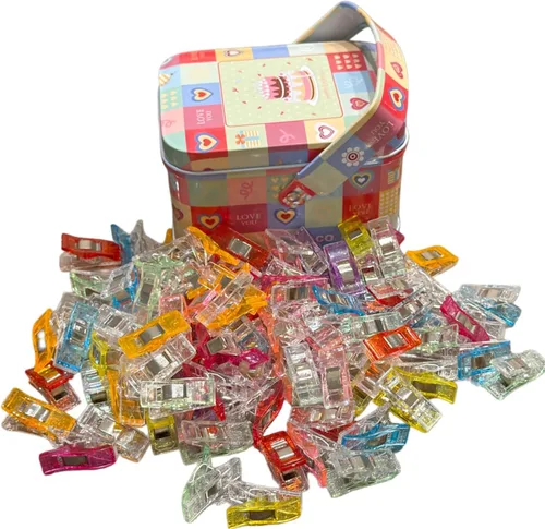Clips de costura con caja de lata, 100 piezas de clips de manualidades de colores surtidos para tela y acolchado, clips de encuadernación para