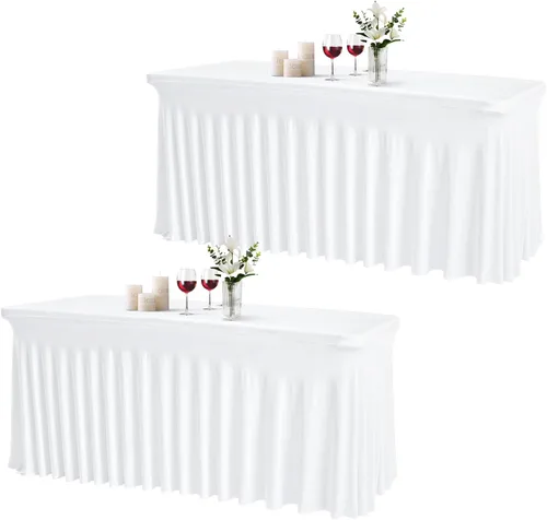 Miniatura 21 de JCJ Faldón de mesa para mesas rectangulares, manteles negros ajustados de spandex para mesas de 4 pies, faldones de mesa elásticos con volantes