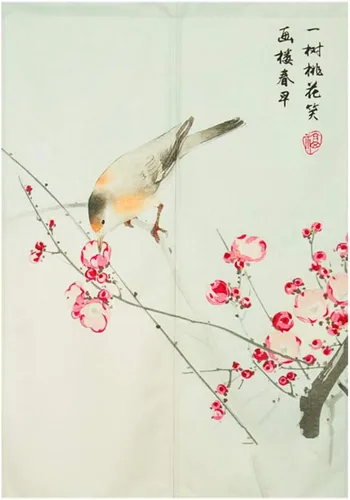 Miniatura 8 de Cortina japonesa Noren para puerta, pintura de tinta, hojas y pájaros, cortina para puerta, tapiz divisor de habitación, 33 x 35 pulgadas Bird 2