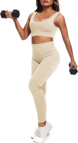 Miniatura 4 de YUMSUN Conjunto de entrenamiento para mujer, 2 piezas, sin costuras, acanalado, camiseta sin mangas, deportes, gimnasio, cintura alta, correr, yoga